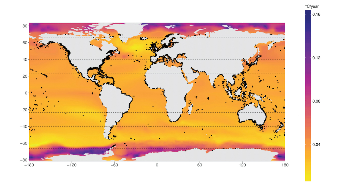 A map shows the projected warming per year of the world’s marine protected areas.