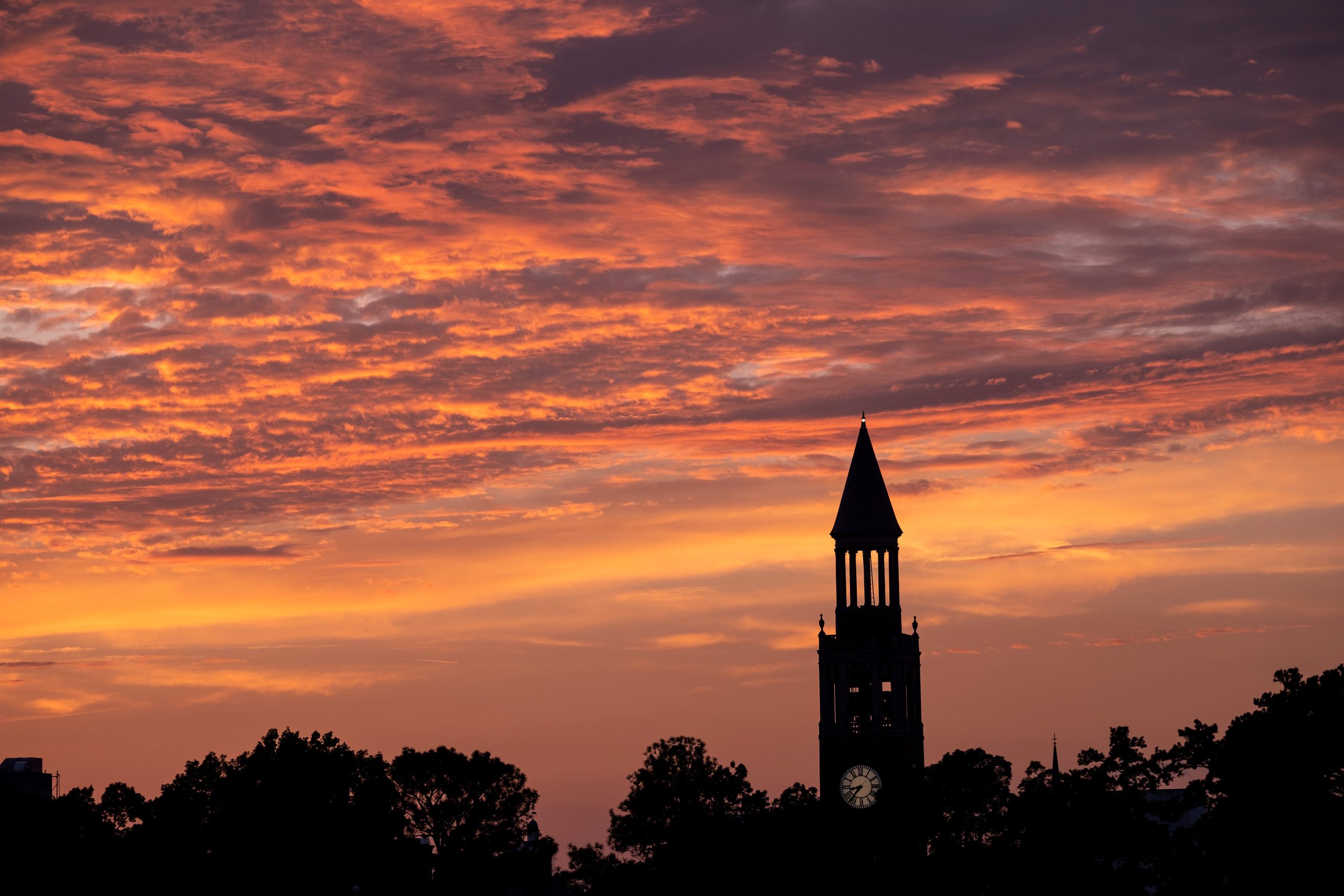 Sunset scene of the Morehead-Patterson Bell Tower.